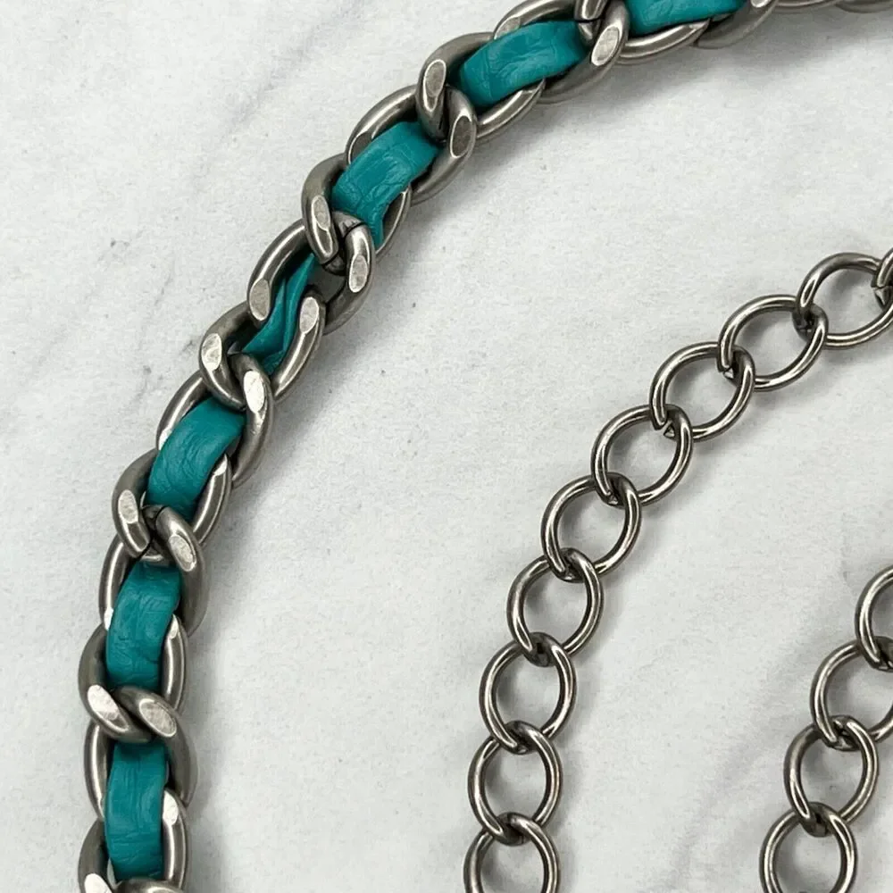 Silver Tone Faux Leather Woven Chain Link Belt Y2K One Size (OS) ✨
